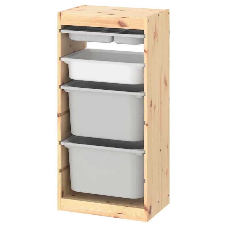 IKEA TROFAST ТРУФАСТ, комбинация с контейнерами / лотком, светлая сосна, окрашенная в серый / белый цвет, 44x30x91 см 094.784.03 фото №1