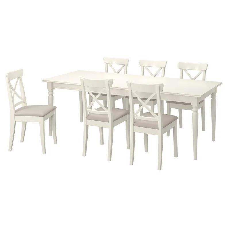 IKEA INGATORP ІНГАТОРП / INGOLF ІНГОЛЬФ, стіл+6 стільців, білий білий / бежевий галантерейний, 155 / 215 см 394.828.04 фото №1