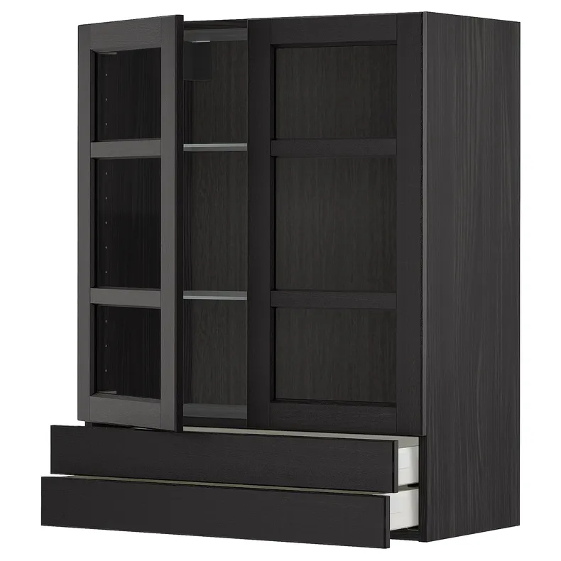 IKEA METOD МЕТОД / MAXIMERA МАКСІМЕРА, шафа навісна, 2 скл дверцят / 2 шухл, чорний / Лерхіттан, пофарбований у чорний колір, 80x100 см 394.531.99 фото №1