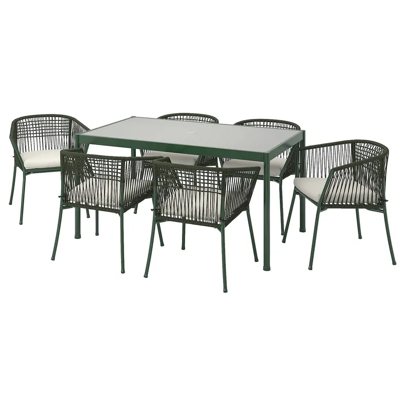 IKEA SEGERÖN СЕГЕРЕН, стіл+6 крісел із підлокіт/вуличний, темно-зелений/фрессон/дувхольменський бежевий, 147 см 894.948.47 фото №1