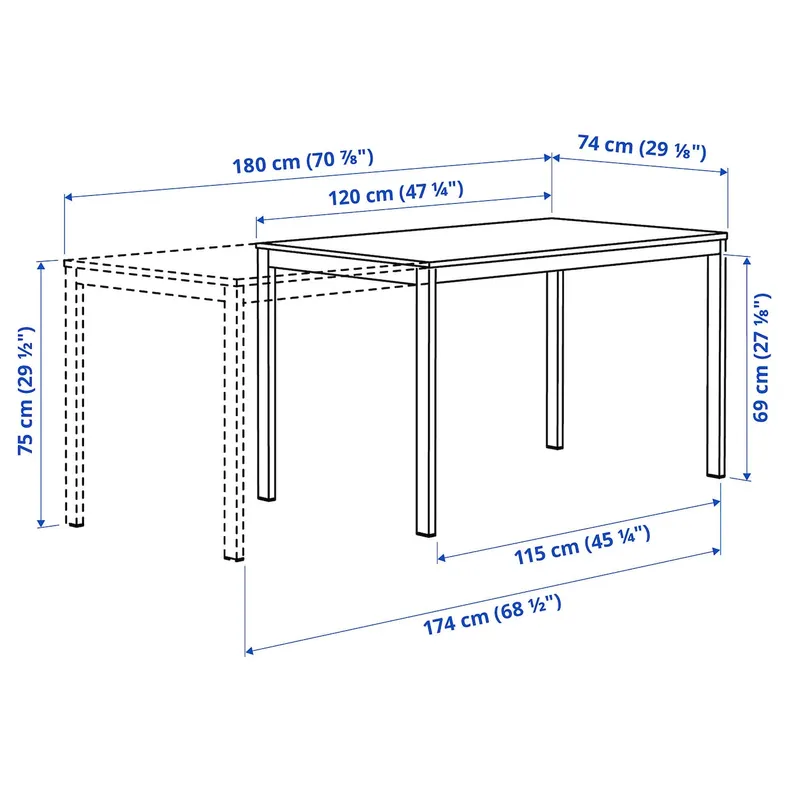 IKEA VIHALS, розкладний стіл, білий, 120/180x74 см 205.897.77 фото №7