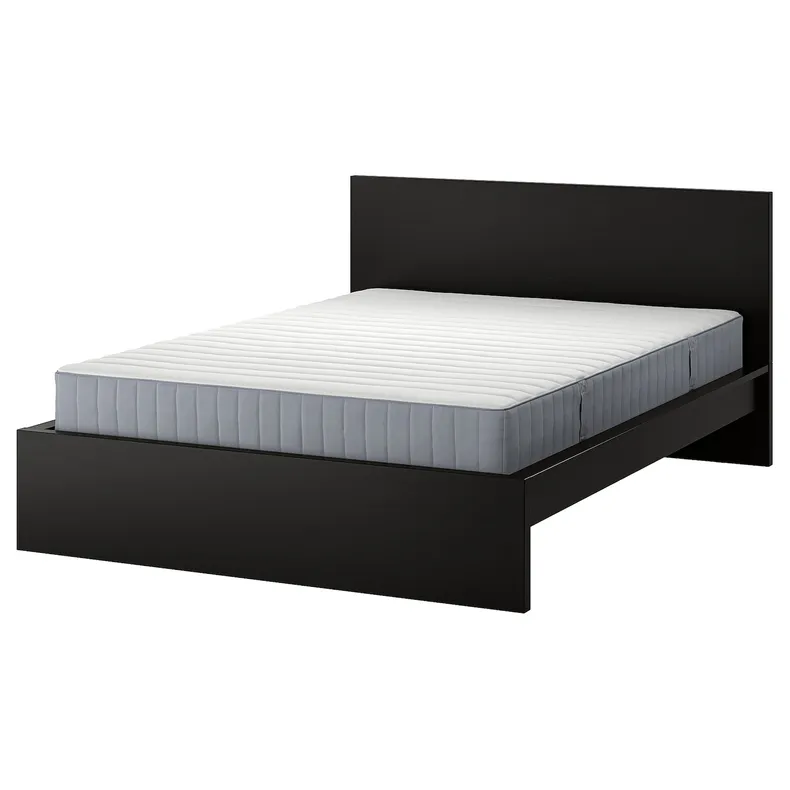 IKEA MALM МАЛЬМ, каркас ліжка з матрацом, чорний / коричневий / Valevåg середньої твердості, 160x200 см 995.444.65 фото №1