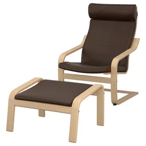 IKEA POÄNG ПОЕНГ, крісло та підставка для ніг, білений дубовий шпон / ГЛОСЕ темно-коричневий 695.510.75 фото