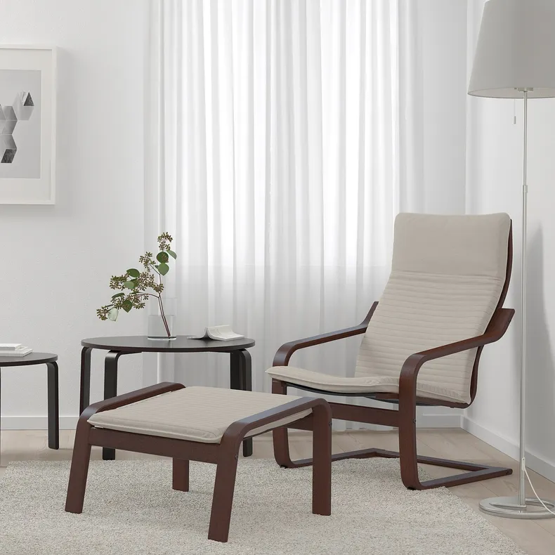 IKEA POÄNG ПОЕНГ, крісло та підставка для ніг, коричневий / КНІСА світло-бежевий 194.842.29 фото №2