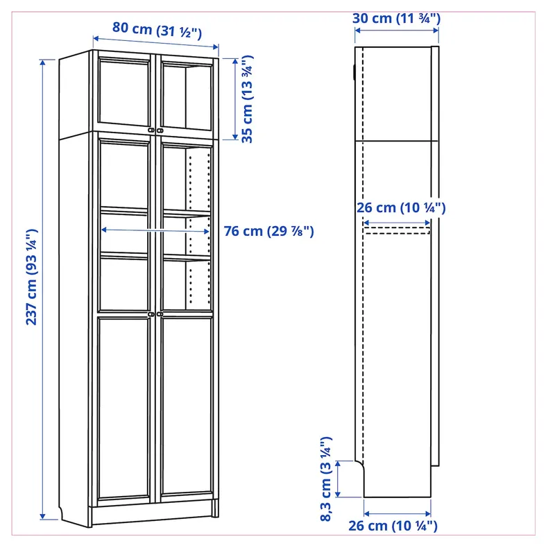 IKEA BILLY БИЛЛИ, стеллаж с верхними полками / дверьми, белый, 80x30x237 см 292.873.46 фото №4