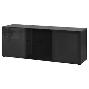 IKEA BESTÅ БЕСТО, модуль для зберігання із шухлядами, чорна бронза / глянцевий сельвікен / чорне димчасте скло, 180x42x65 см 993.251.04 фото