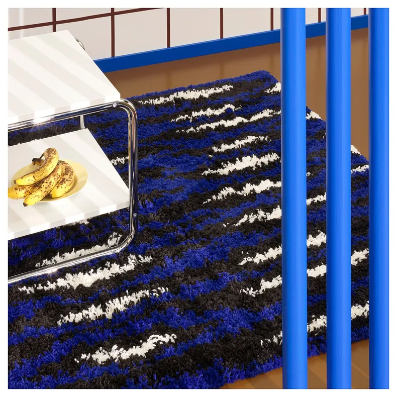 IKEA BULLERREMSA БУЛЛЕРРЕМСА, килим, довгий ворс, синій білий / чорний, 133x195 см 305.552.77 фото №2