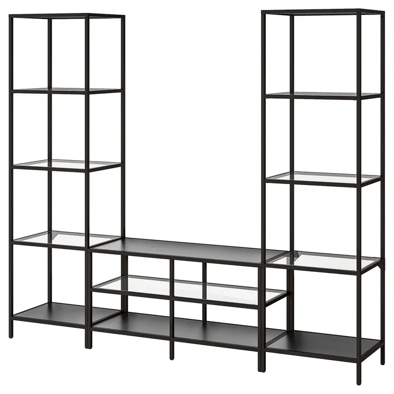 IKEA VITTSJÖ ВИТШЁ, шкаф для ТВ, комбинация, черно-коричневый / стекло, 202x36x175 см 992.945.60 фото №1