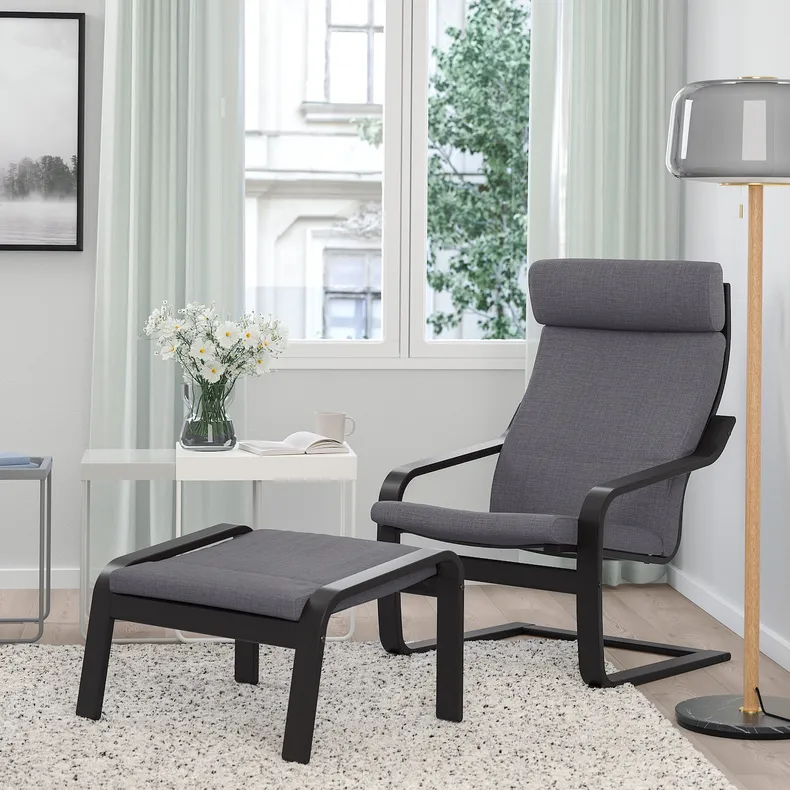 IKEA POÄNG ПОЭНГ, кресло с табуретом для ног, черный / коричневый / темно-серый Skiftebo 494.842.99 фото №2