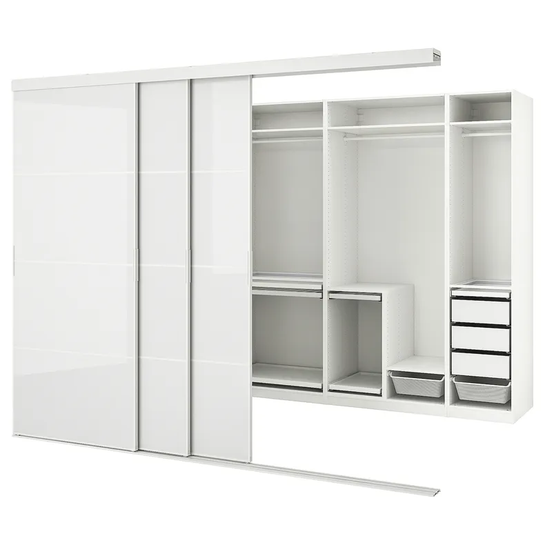 IKEA SKYTTA СКЮТТА / PAX ПАКС, гардеробная с раздвижными дверями, белый Хокксунд / светло-серый глянец, 301x160x240 см 695.230.11 фото №1