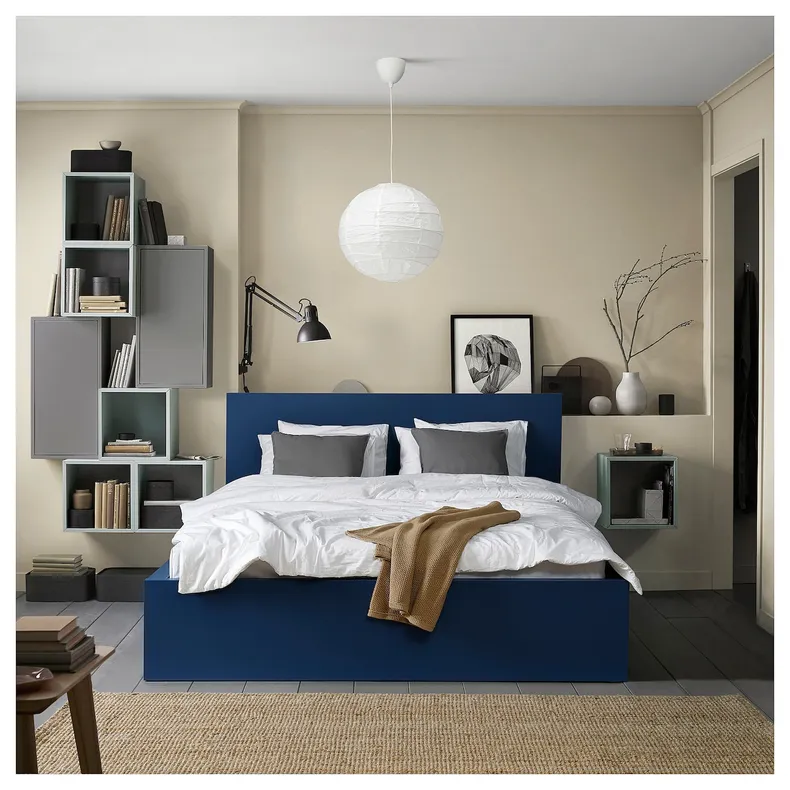 IKEA MALM МАЛЬМ, каркас кровати с 4 ящиками, синий/Лёнсет, 140x200 см 695.599.86 фото №6