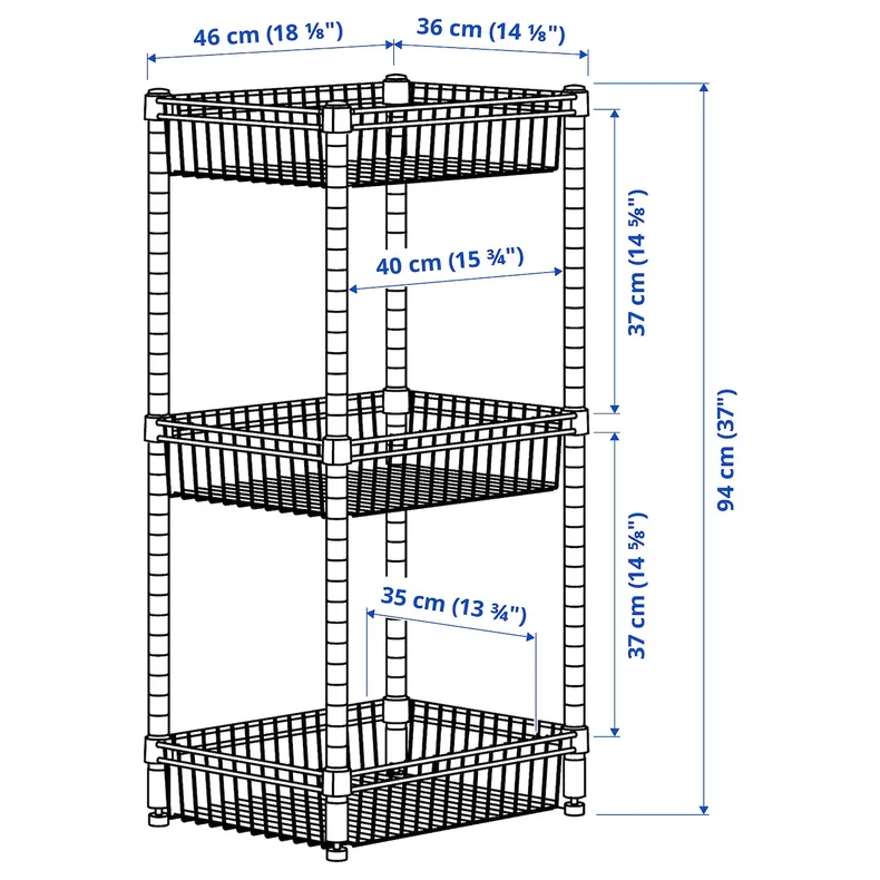 IKEA OMAR ОМАР, стеллаж с 3 корзинами, оцинкованный, 46x36x94 см фото №5