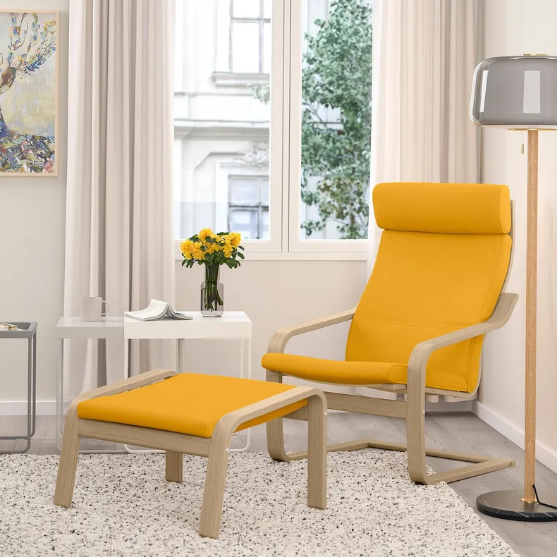 IKEA POÄNG ПОЭНГ, табурет для ног, Шпон дуба, окрашенный в белый / желтый цвет Skiftebo 293.884.92 фото №2