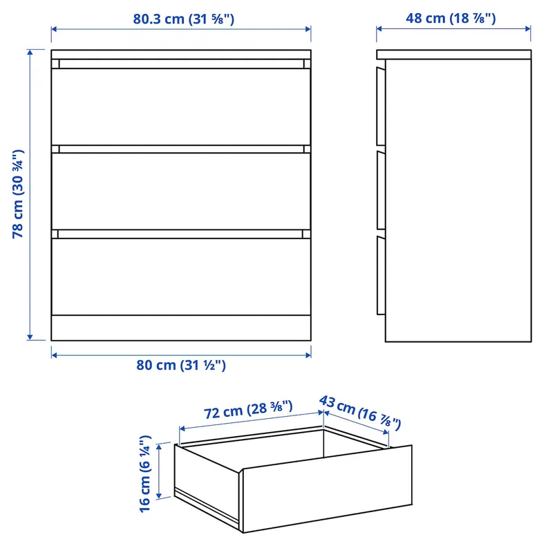 IKEA MALM МАЛЬМ, комод із 3 шухлядами, білий, 80x78 см 204.035.62 фото №6