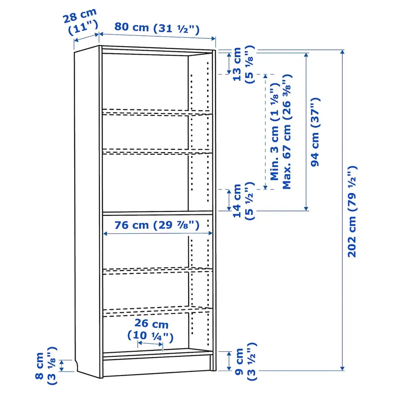 IKEA BILLY БИЛЛИ, стеллаж, темно-коричневая имитация дуб, 80x28x202 см 804.927.82 фото №6