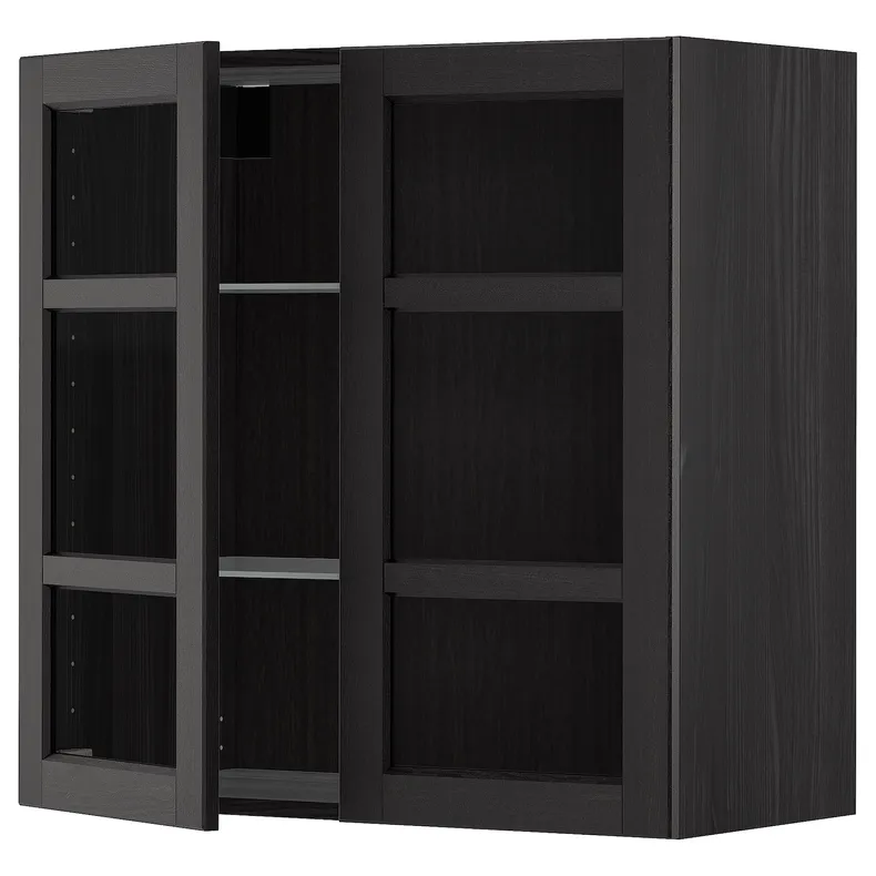 IKEA METOD МЕТОД, навесной шкаф / полки / 2стеклян двери, черный / Лерхиттан с черными пятнами, 80x80 см 794.566.38 фото №1