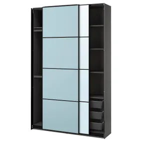 IKEA PAX ПАКС / MEHAMN / AULI МЕХАМН / АУЛІ, гардероб із розсувними дверцятами, темно-сірий 2шт / світло-блакитне дзеркало, 150x44x236 см 595.517.16 фото