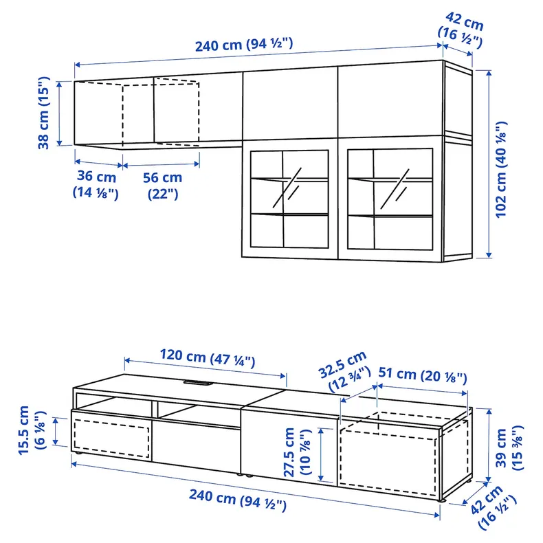 IKEA BESTÅ БЕСТО, шкаф для ТВ, комбин / стеклян дверцы, черно-коричневый / Лапвикен черно-коричневый прозрачное стекло, 240x42x231 см 994.121.58 фото №10