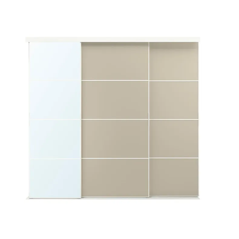 IKEA SKYTTA СКЮТТА / MEHAMN/AULI МЕХАМН/АУЛІ, комбінація розсувних дверцят, біле 2шт / сіро-бежеве дзеркало, 251x240 см 295.759.26 фото №1