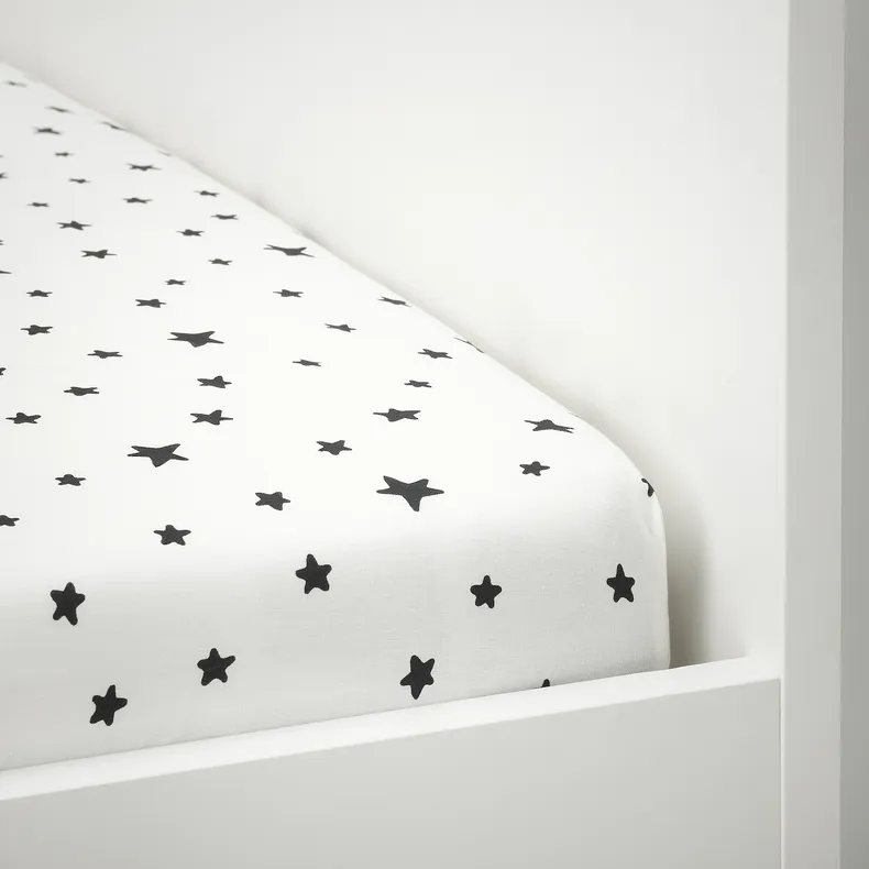 IKEA BUSENKEL БУСЕНКЕЛЬ, простирадло на резинці, зоряний візерунок / білий, 90x200 см 105.231.88 фото №3