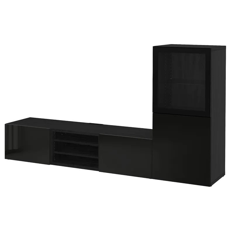 IKEA BESTÅ БЕСТО, комбинация для ТВ / стеклянные дверцы, черно-коричневый / сельсвикенский глянец / черное прозрачное стекло, 240x42x129 см 194.063.02 фото №1