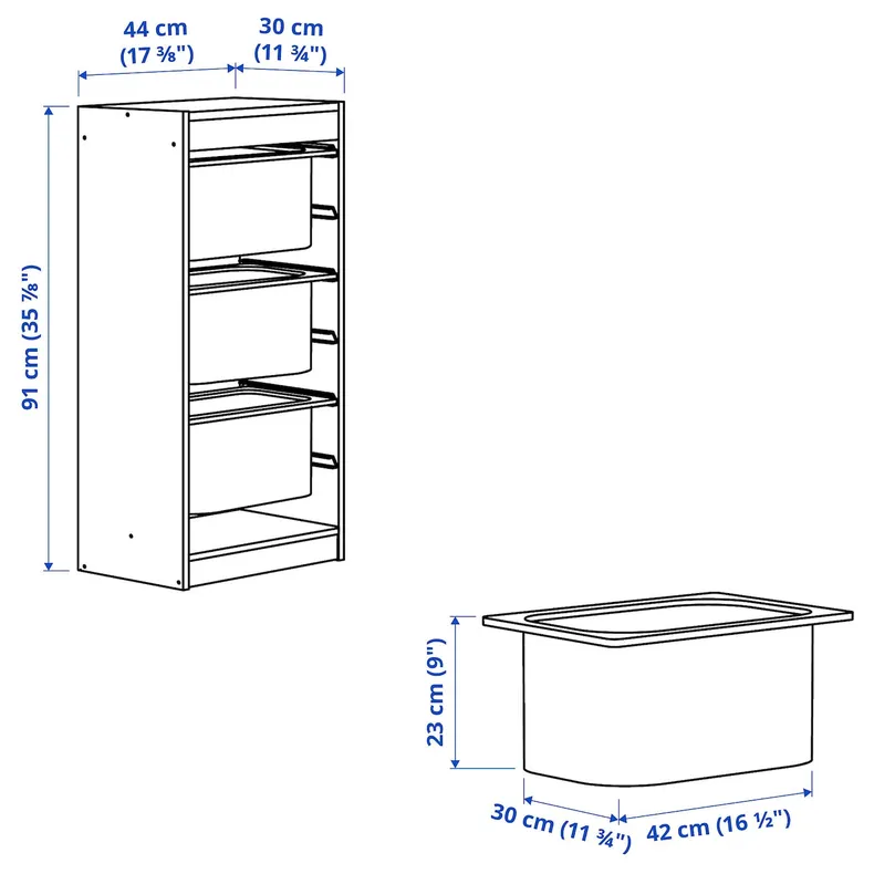 IKEA TROFAST ТРУФАСТ, комбинация д / хранения+контейнеры, Светлая сосна, окрашенная в белый / серый цвет, 44x30x91 см 193.296.91 фото №4