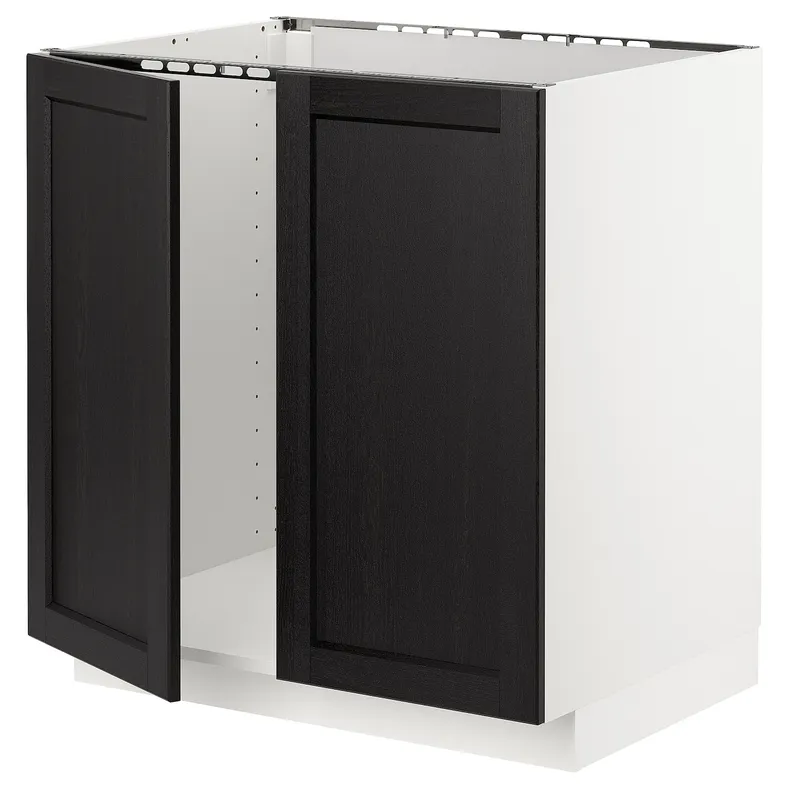 IKEA METOD МЕТОД, напольный шкаф для мойки+2 двери, белый / Лерхиттан с черными пятнами, 80x60 см 394.589.98 фото №1