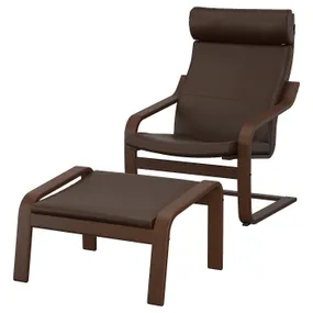 IKEA POÄNG ПОЭНГ, кресло с табуретом для ног, коричневый / Глосе темно-коричневый 195.510.73 фото