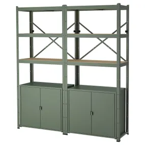 IKEA BROR БРУР, стеллаж со шкафами, серо-зеленая / сосновая фанера, 170x40x190 см 095.161.41 фото