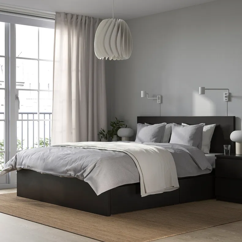 IKEA MALM МАЛЬМ, каркас кровати+2 кроватных ящика, черный / коричневый / Lindbåden, 160x200 см 794.949.56 фото №4