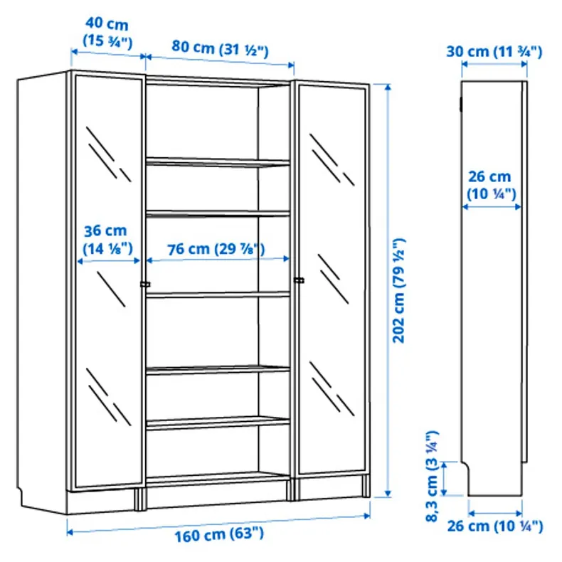 IKEA BILLY БИЛЛИ / HÖGBO ХЁГБУ, стеллаж комбинация / стекл дверцы, черная имитация дуб, 160x202 см 694.840.81 фото №5