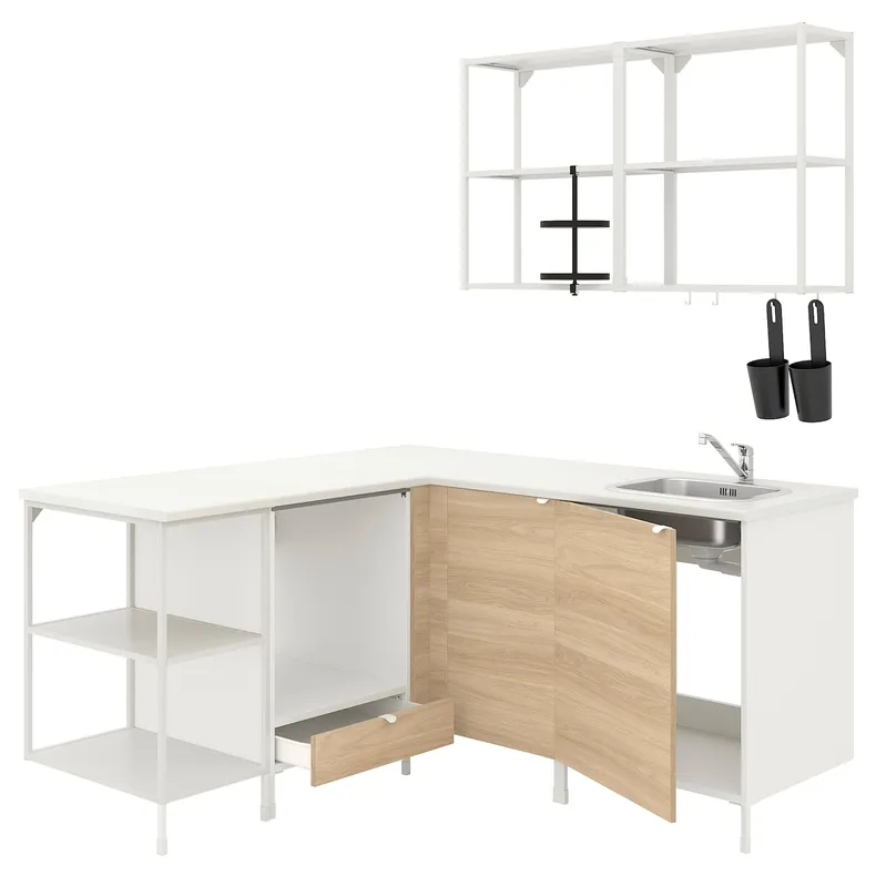 IKEA ENHET ЕНХЕТ, кутова кухня, білий / імітація. дуб 093.379.55 фото №1