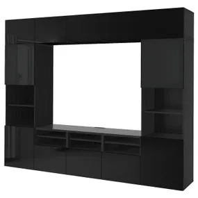 IKEA BESTÅ БЕСТО, комбінація шаф для тв/скляні дверц, чорна бронза / глянцевий сельвікен / чорне димчасте скло, 300x42x231 см 794.110.32 фото