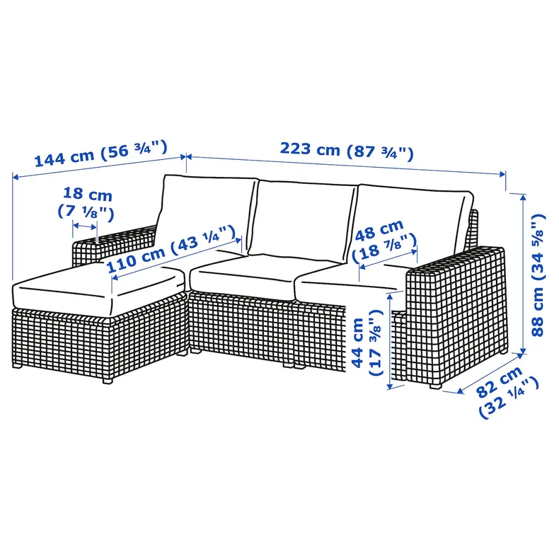 IKEA SOLLERÖN СОЛЛЕРОН, 3-местный модульный диван, садовый, с подставкой для ног темно-серый / Фрёзен / Дувхольмен бежевый, 223x144x88 см 392.878.26 фото №6