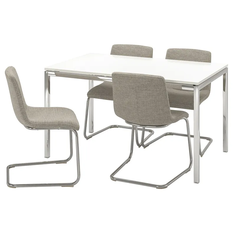 IKEA TORSBY ТОРСБИ / LUSTEBO ЛУСТЕБО, стол и 4 стула, глянцевый / хромный белый / виарп бежевый / коричневый, 135 см 595.235.25 фото №1