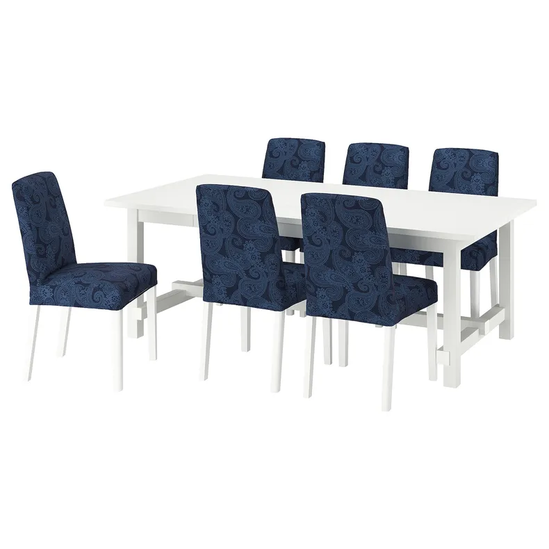 IKEA NORDVIKEN НОРДВІКЕН / BERGMUND БЕРГМУНД, стіл+6 стільців, білий / темно-синій / синьо-білий, 210/289 см 195.715.04 фото №1