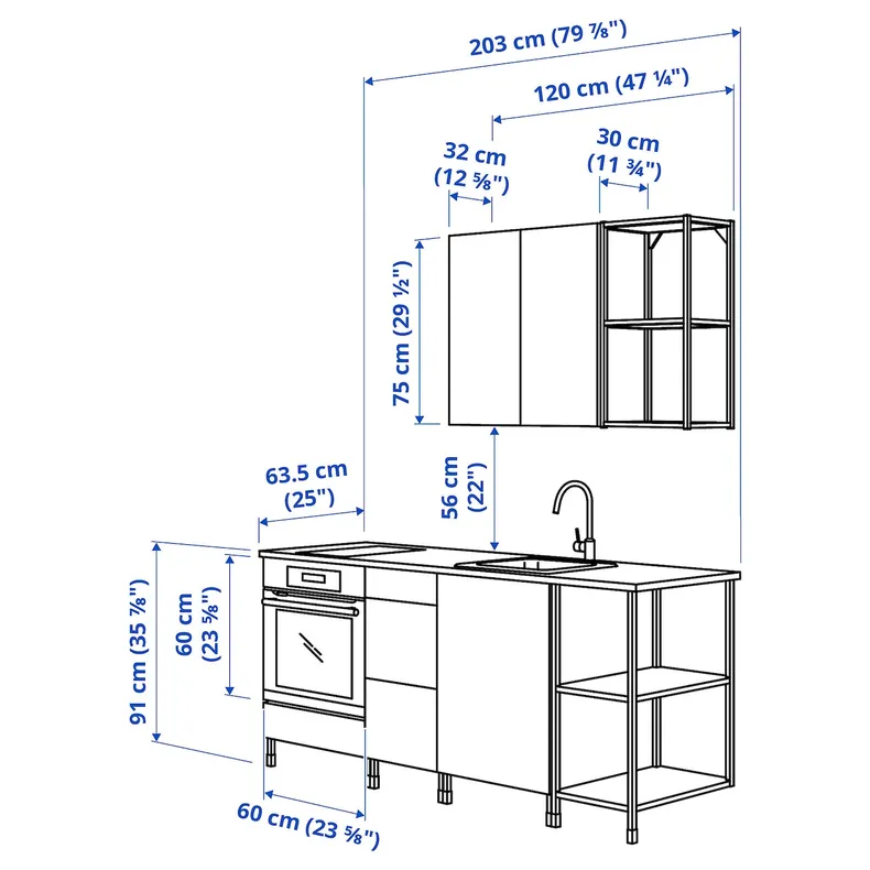 IKEA ENHET ЭНХЕТ, кухня, антрацит / белый, 203x63.5x222 см 393.374.02 фото №3