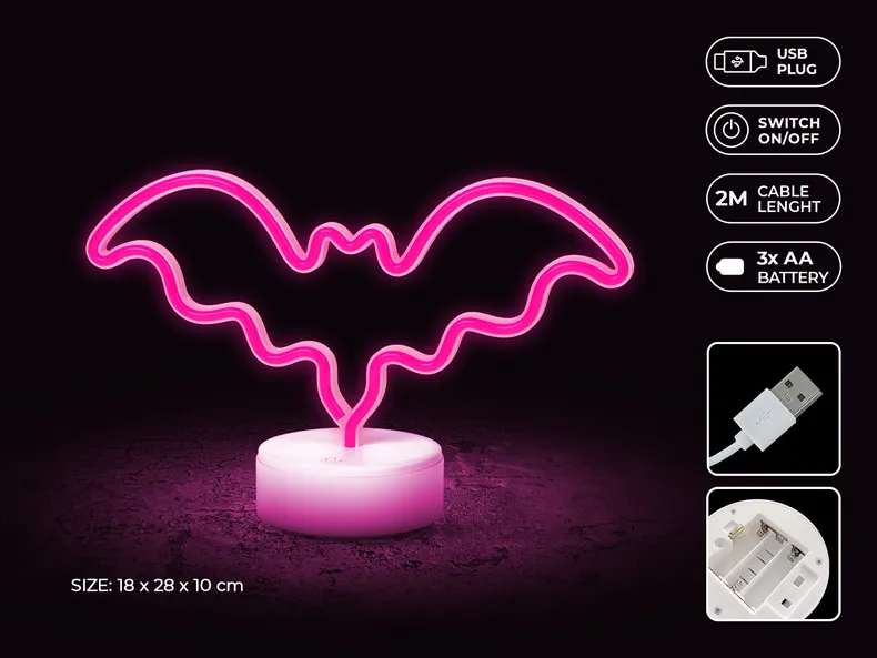 BRW Світлодіодна неонова настільна лампа кажан рожево-біла 093821 фото №3