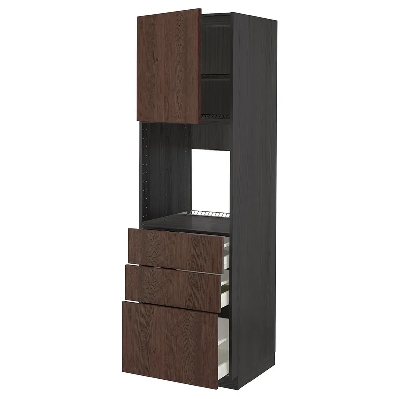 IKEA METOD МЕТОД / MAXIMERA МАКСИМЕРА, высокий шкаф д / духовки / дверь / 3ящика, черный / синарп коричневый, 60x60x200 см 594.560.69 фото №1