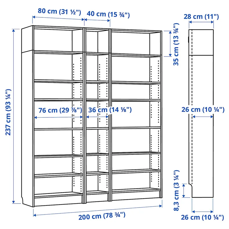 IKEA BILLY БИЛЛИ, стеллаж с дополнительными модулями, имит. дуб, 200x28x237 см 894.835.37 фото №6