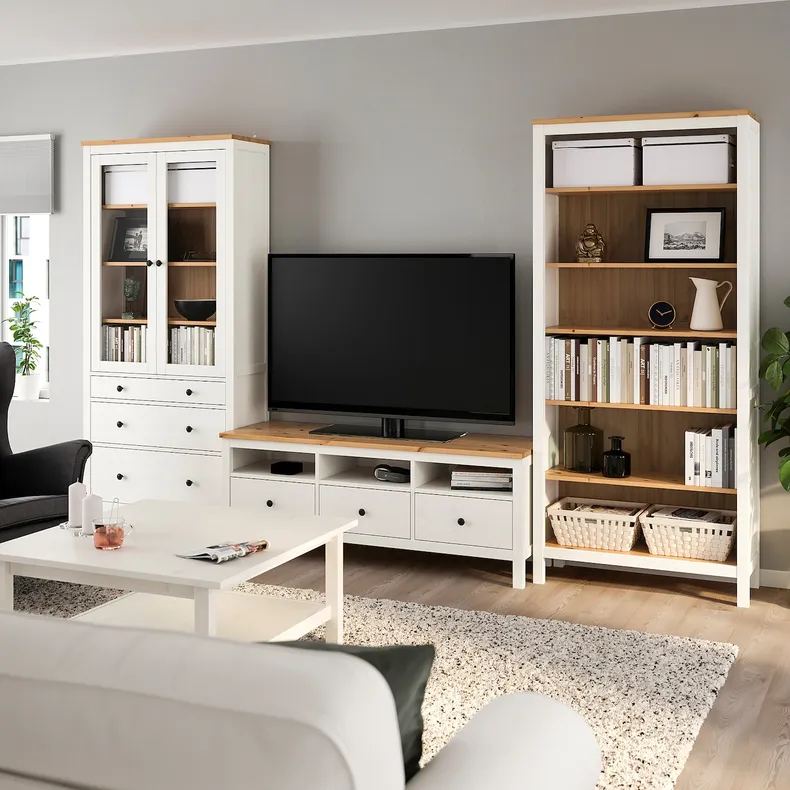 IKEA HEMNES ХЕМНЕС, комбінація шаф для телевізора, біла пляма / світло-коричневе прозоре скло, 326x197 см 192.995.71 фото №2