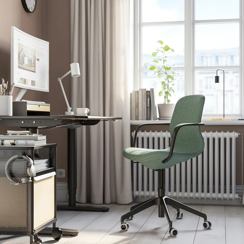 IKEA LÅNGFJÄLL ЛОНГФЬЕЛЛЬ, рабочий стул с подлокотниками, Окрашенный в зеленый / серый / черный цвет 395.077.29 фото №3