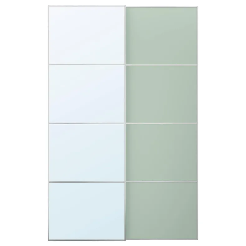 IKEA MEHAMN / AULI МЕХАМН / АУЛІ, розсувні дверцята, 2 шт., алюмінієве 2шт / салатово-зелене дзеркало, 150x236 см 695.521.93 фото №1