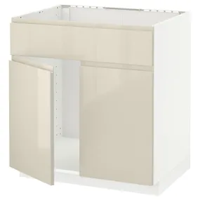 IKEA METOD МЕТОД, підлог шафа д / мийки / 2 двер / фрон пан, білий / Voxtorp високий глянець світло-бежевий, 80x60 см 994.639.49 фото