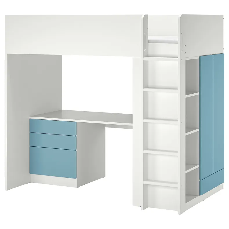 IKEA SMÅSTAD СМОСТАД, ліжко-горище, біло-блакитний з письмовим столом з 4 шухлядами, 90x200 см 595.426.37 фото №1