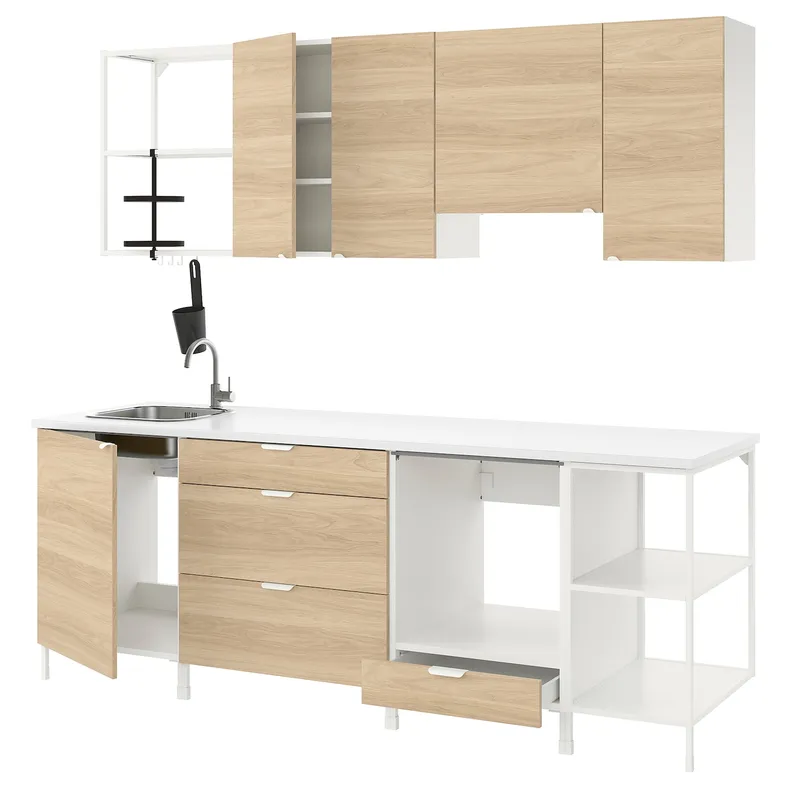 IKEA ENHET ЭНХЕТ, кухня, белый / имит. дуб, 243x63.5x222 см 393.380.91 фото №1