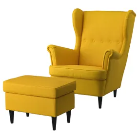 IKEA STRANDMON СТРАНДМОН, кресло с табуретом для ног, Скифтебо желтый 594.839.06 фото