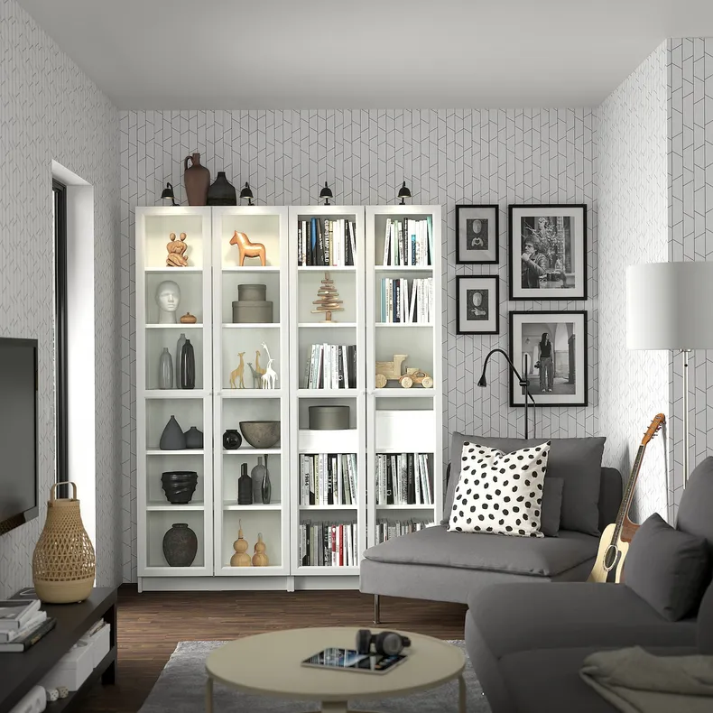 IKEA BILLY БІЛЛІ / OXBERG ОКСБЕРГ, книжкова шафа, білий/скло, 160x30x202 см 890.178.32 фото №3