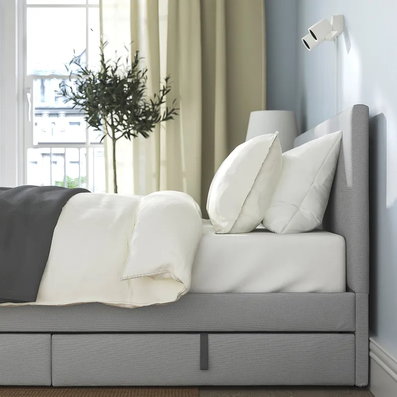 IKEA GLADSTAD ГЛАДСТАД, кровать с обивкой,4 кроватных ящика, Кабуса светло-серый, 160x200 см 594.070.12 фото №3