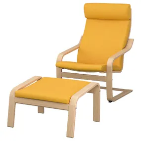 IKEA POÄNG ПОЭНГ, кресло с табуретом для ног, Шпон дуба, окрашенный в белый / желтый цвет Skiftebo 394.878.06 фото